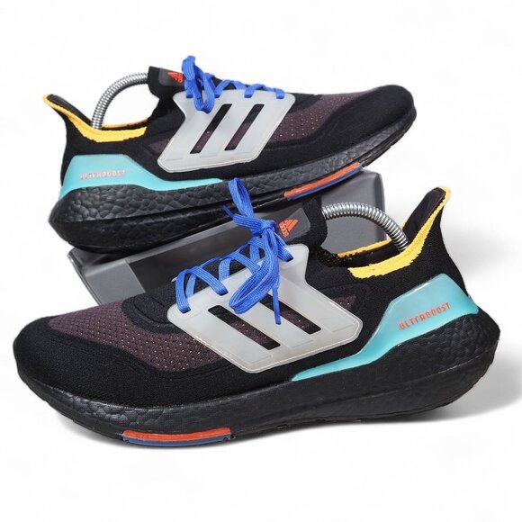 Adidas UltraBoost 21 Black Pulse Aqua Performance Running Shoes S23870 Men's 9.5 - Picture 1 of 11